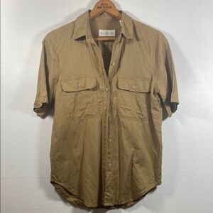 Vintage Linen Cotton Blend Tan Button Down Shirt with Classic Collar